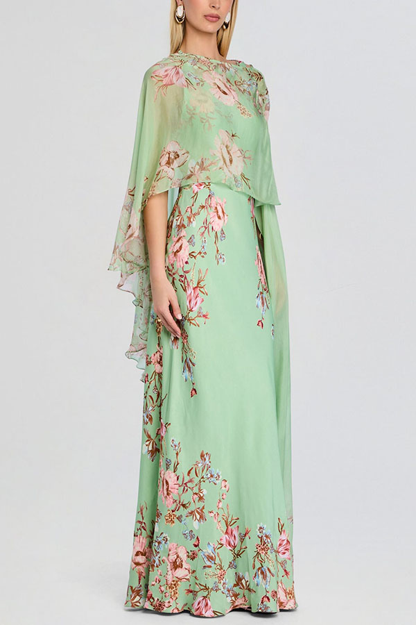 Love in Bloom Floral Print Asymmetrical Chiffon Cape Maxi Dress