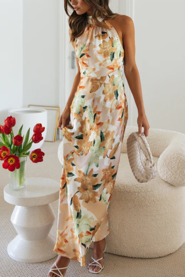 Floral Print Sleeveless Halter Neck Tie Holiday Maxi Dress-consonak