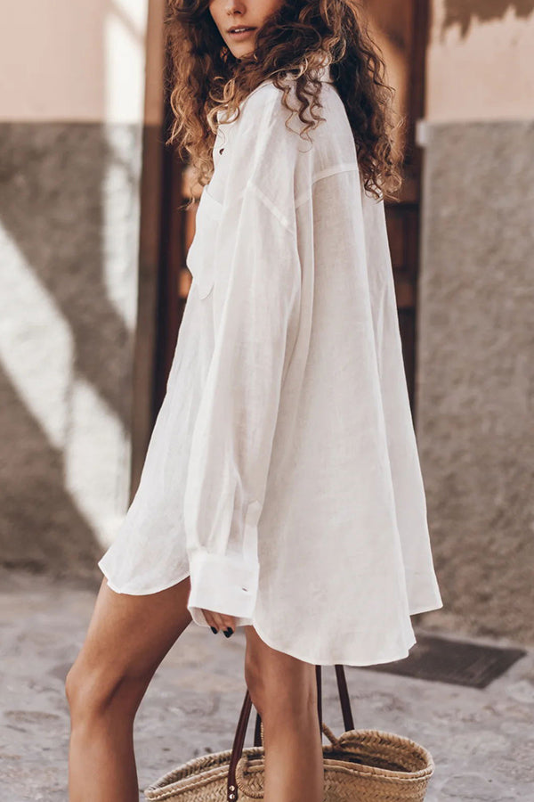 Go To The Beach Linen Blend Pocketed Long Sleeve Oversized Shirt-consonak