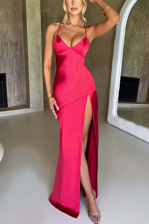 Satin Solid Color Sexy Backless Lace Up High Slit Maxi Dress-consonak