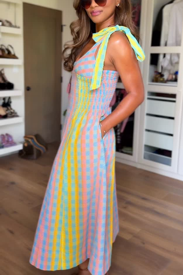 Sweet Colorful Plaid Scoop Neckline Adjustable Shoulder Ties Pocket Midi Dress-consonak