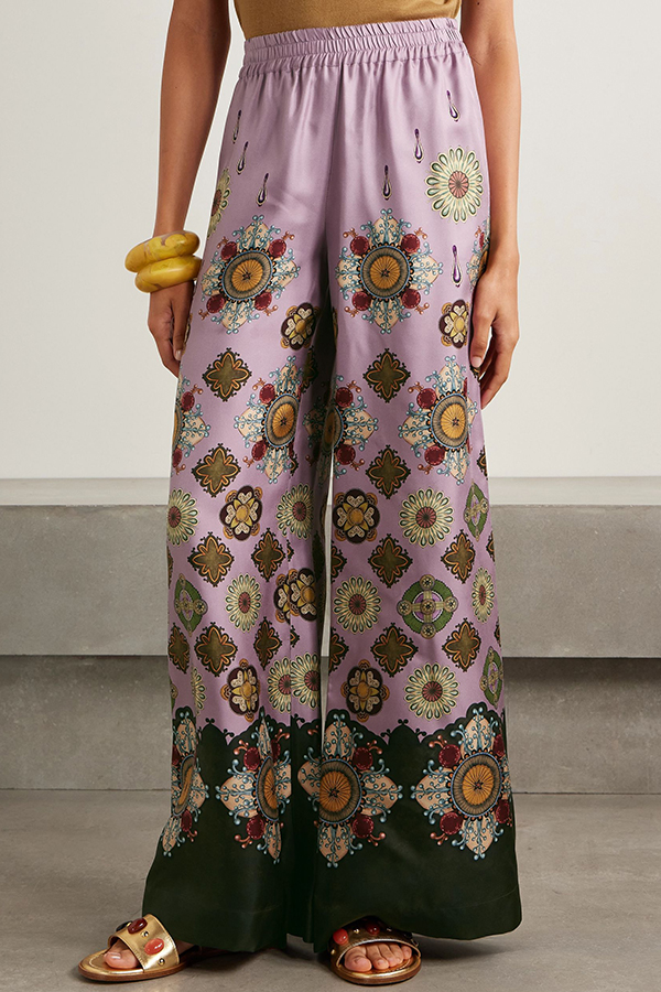 Satin Unique Print Loose Batwing Sleeve Top and Elastic Waist Pocket Casual Wide-leg Pants Set-consonak