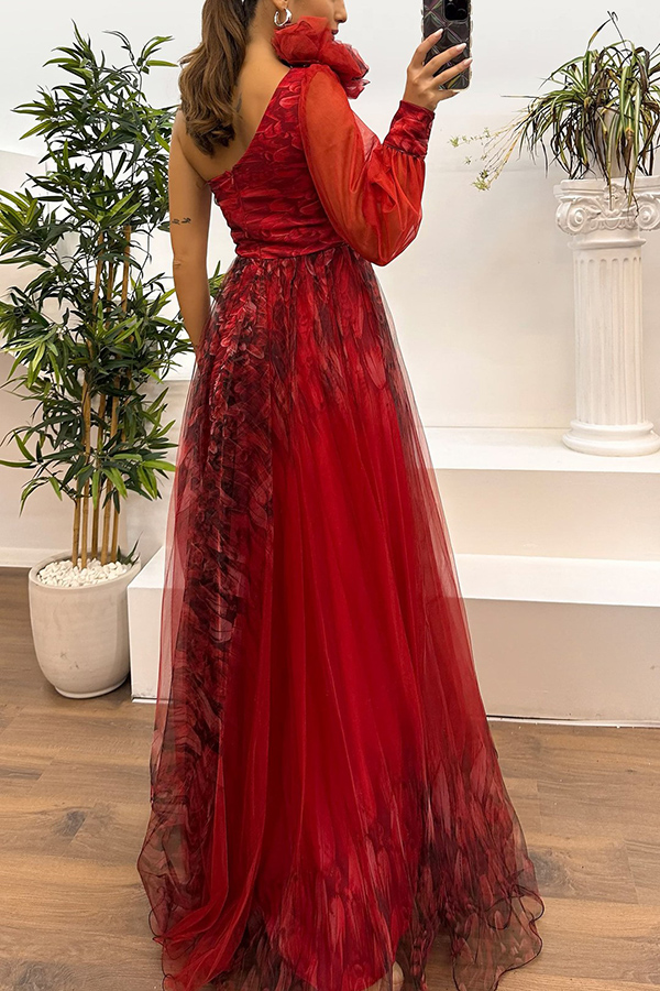 Guest List Tulle Printed Flower Pendant One Shoulder Pleated Slit Maxi Dress | Consonak