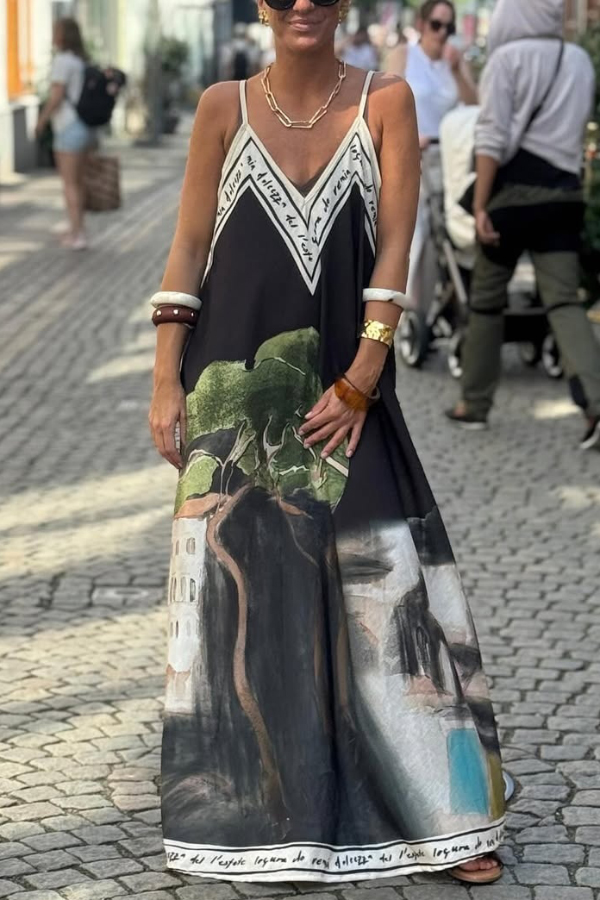 Unique Print Loose-fitting V-neck Casual Holiday Maxi Dress