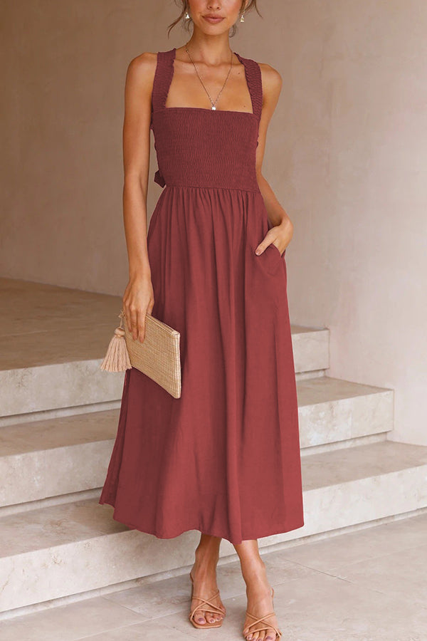 Bendita Pocketed Smocked Cross Back Party Midi Dress-consonak