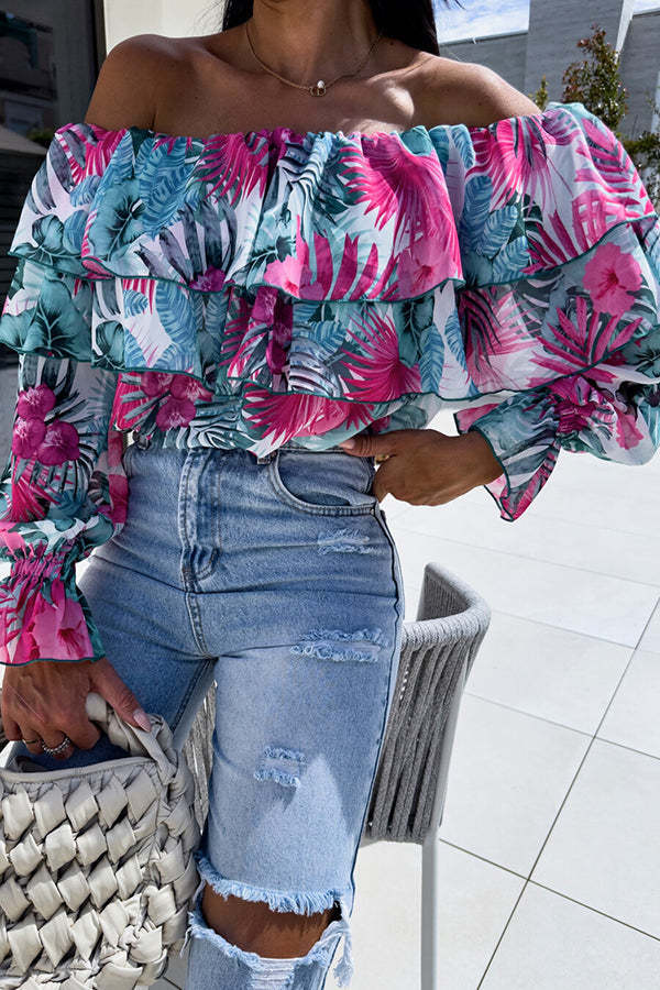 Colorful Botanical Print Sexy Off-shoulder Ruffle Top-consonak