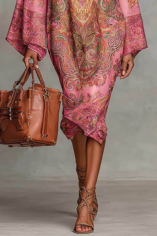Retro Unique Print Casual Long-sleeved Loose Midi Dress-consonak