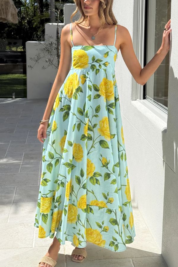 Floral Print Square Neck Sleeveless Casual Vacation Maxi Dress-consonak