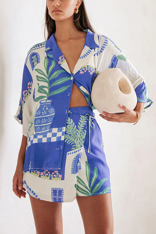 Balmy Summer Nights Unique Print Loose Shirt and Elastic Waist Wrap Lace-up Skirt Set-consonak