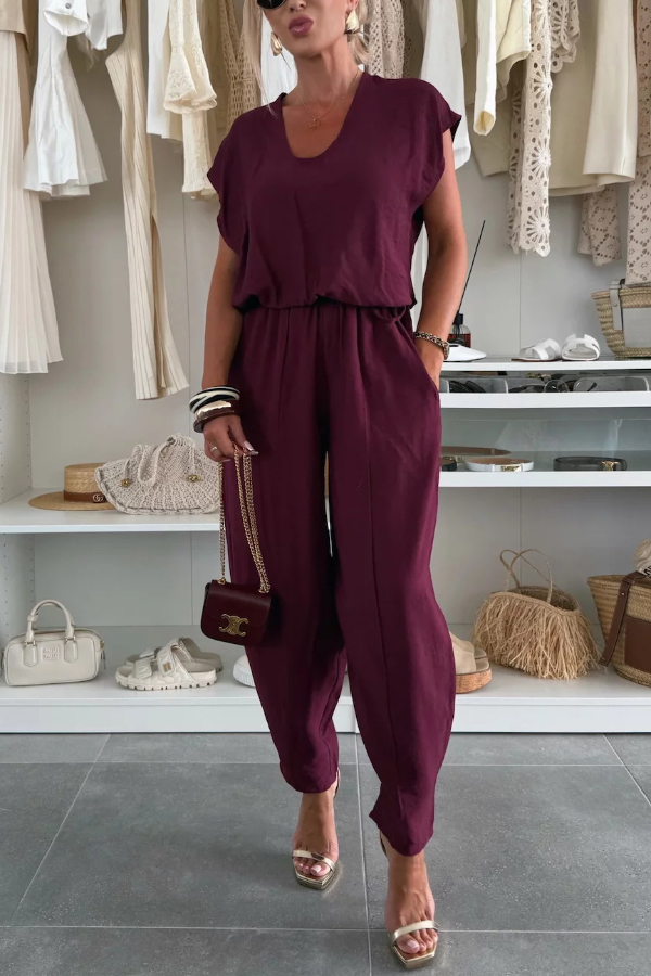 Linen Blend Solid Color V-neck Short-sleeved Top and Elastic Waist Pocket Bloomers Pants Set