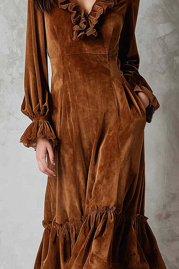 Fashionable Velvet Lace Patchwork V-neck Ruffle Midi Dress-consonak