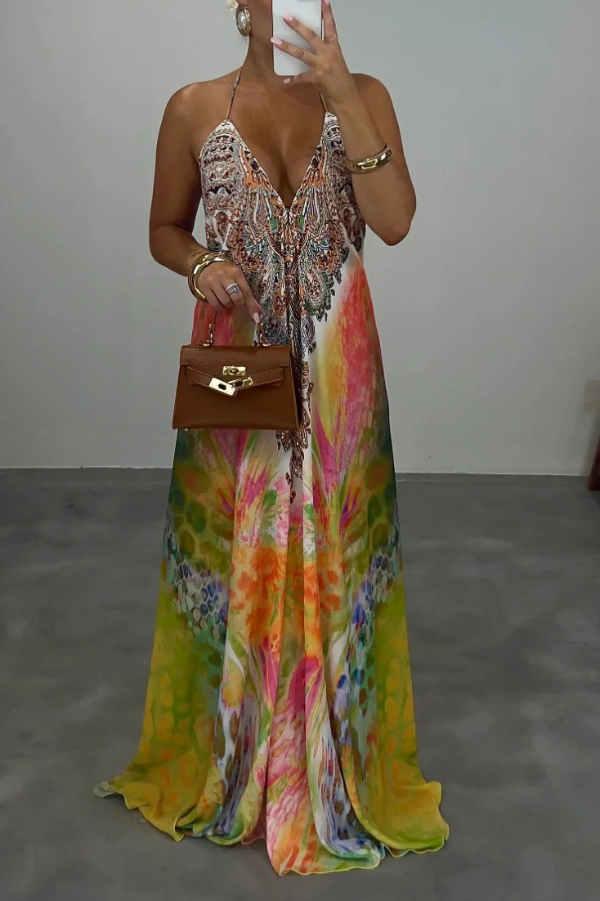Bohemian Style Unique Print Sleeveless Backless Loose Maxi Dress