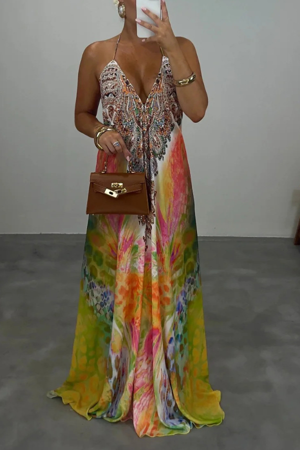 Bohemian Style Unique Print Sleeveless Backless Loose Maxi Dress