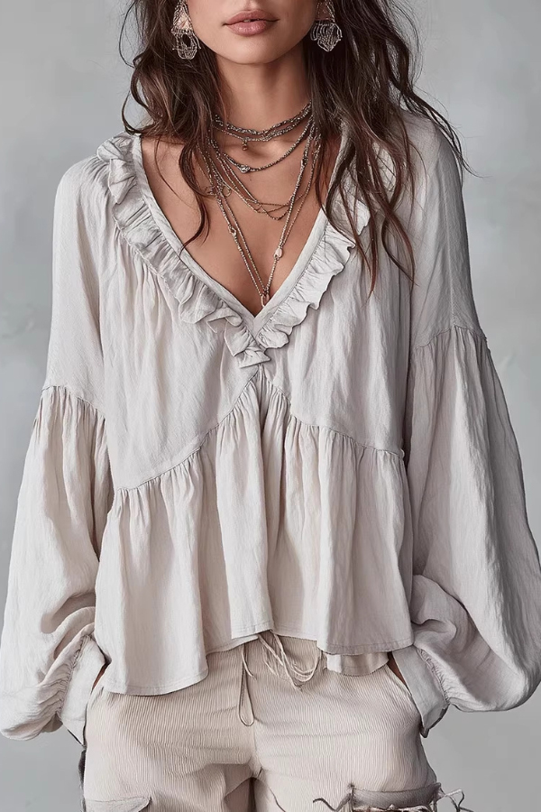 Solid Color V-neck Ruffled Puff Sleeve Loose Casual Top | Consonak