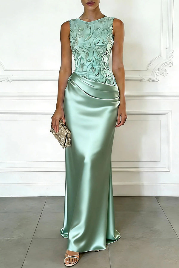 Vera Mesh Embroidery Satin Ruched Crew Neck Sleeveless Gown Maxi Dress-consonak