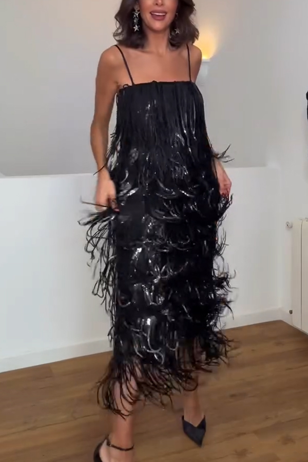 Chic Celebration Layered Sequined Tassels Slip Strapless H-line Midi Dress-consonak