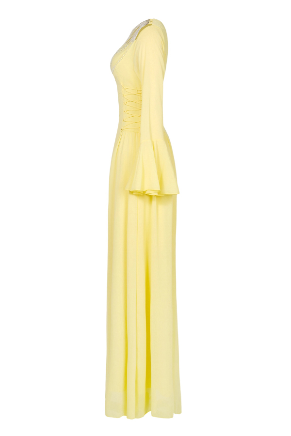 Fashionable Beaded Long-sleeved Square-neck Fitted Waist Tie Maxi Dress-consonak