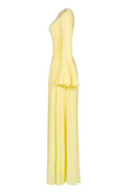 Fashionable Beaded Long-sleeved Square-neck Fitted Waist Tie Maxi Dress-consonak