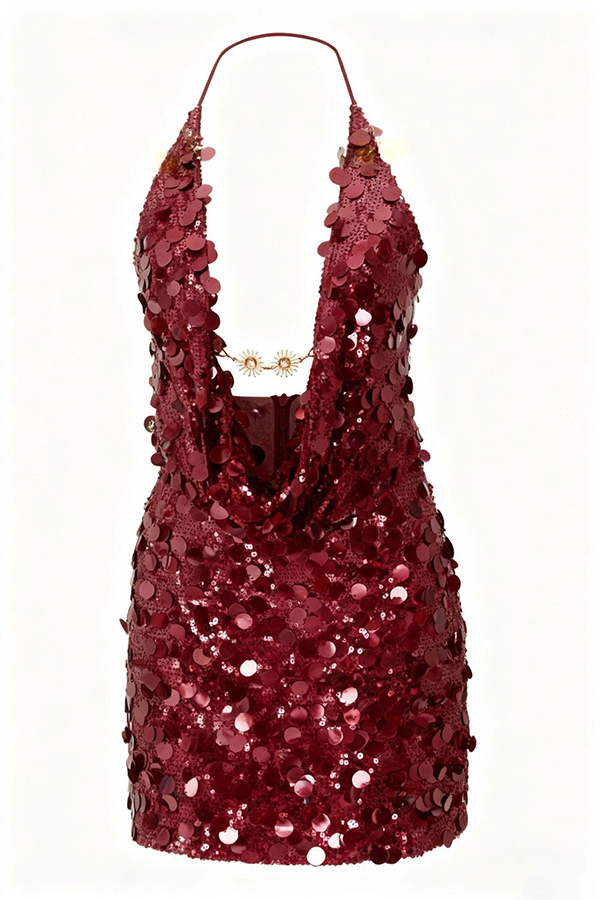 Sexy Halter Neck Sequined Open Back Mini Dress-consonak