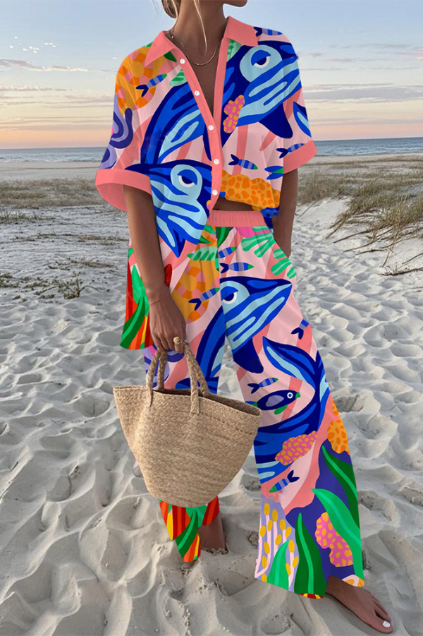 Whale Print Oversized Shirt and Elastic Waist Pocket Pants Set-consonak