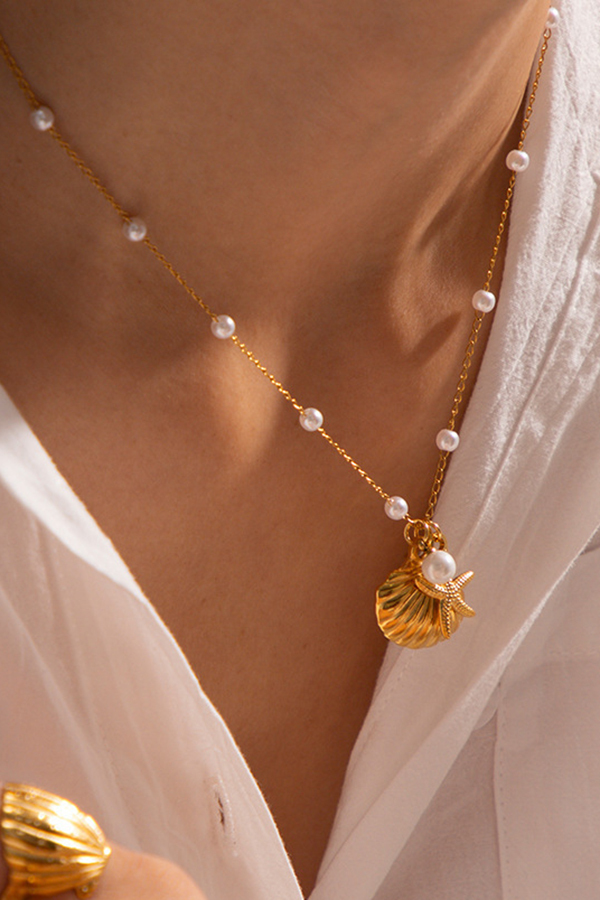 Ocean Series Pearl Accessories Starfish and Conch Shell Necklace-consonak