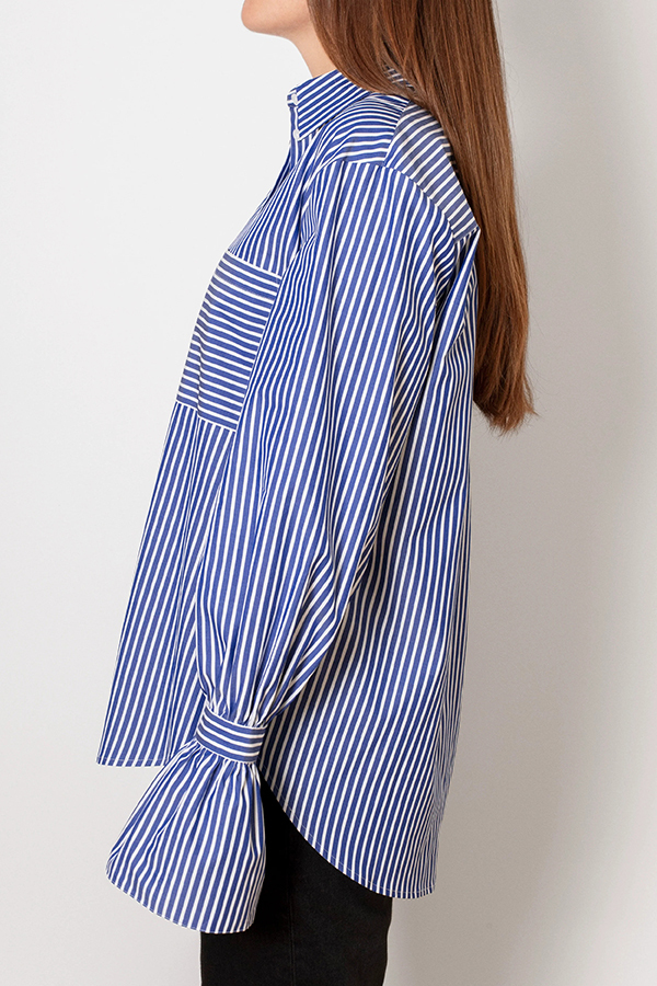 Striped Print Ruffled Long Sleeve Pockets Loose Shirt-consonak