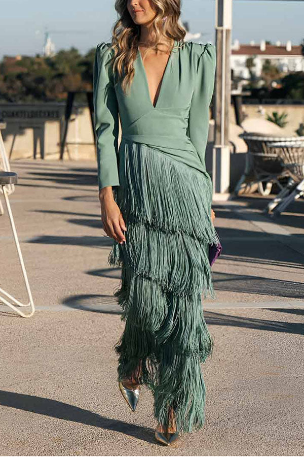 Elegant Night V-Neck Long Sleeve Layered Tassel Hem Maxi Dress-Consonak