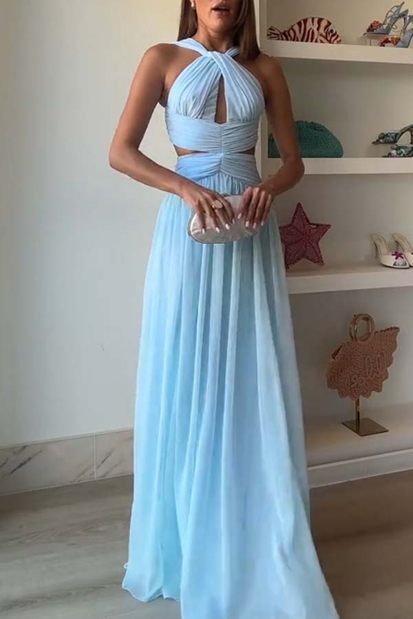 Graceful Modern Chiffon Twist Halter Neck Cutout Pleated Maxi Dress-consonak