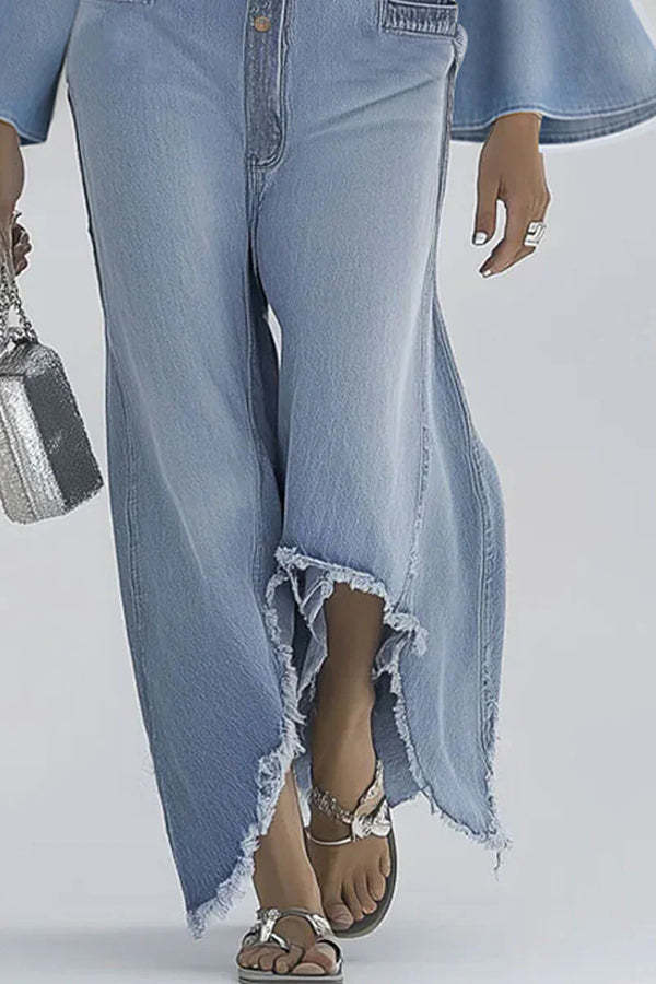 Stylish Bell Sleeves Single-breasted Casual Denim Jumpsuit-consonak