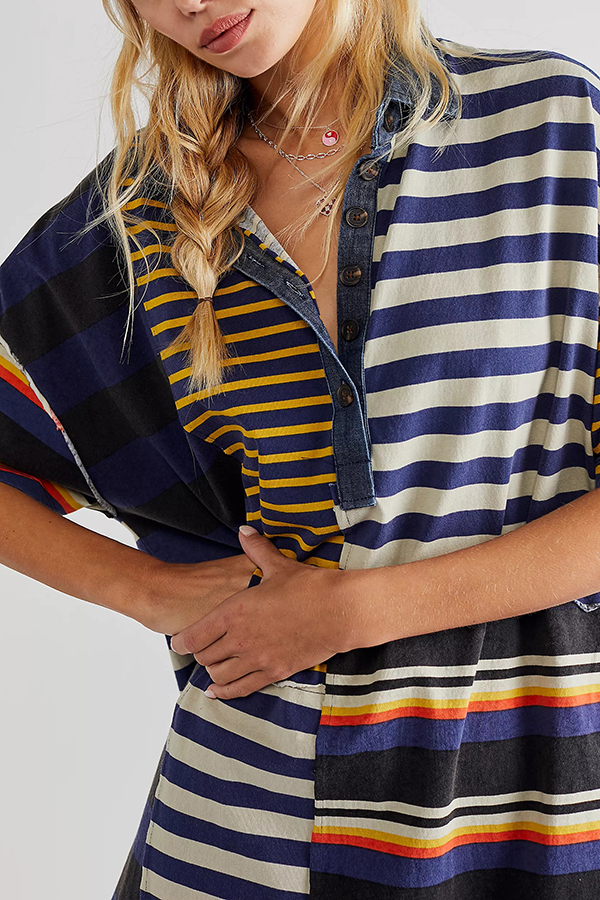 Contrast Striped Patchwork Denim Lapel Loose Casual Mini Dress-consonak