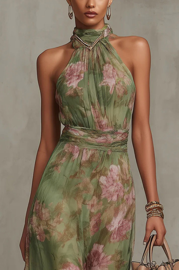 Floral Print Halter Neck Sleeveless Fitted Waist Casual Vacation Maxi Dress
