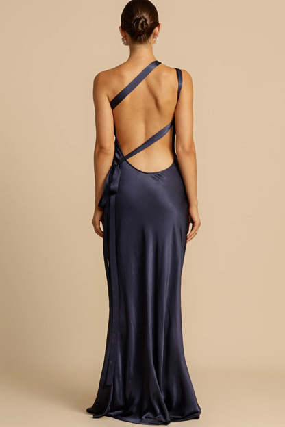 Moonlit Soiree Satin Asymmetrical One Shoulder Backless Strap Maxi Dress-consonak