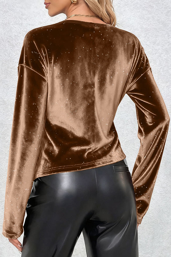 Fashionable Velvet Sequined Long-sleeved Pleated Fitted Top-consonak
