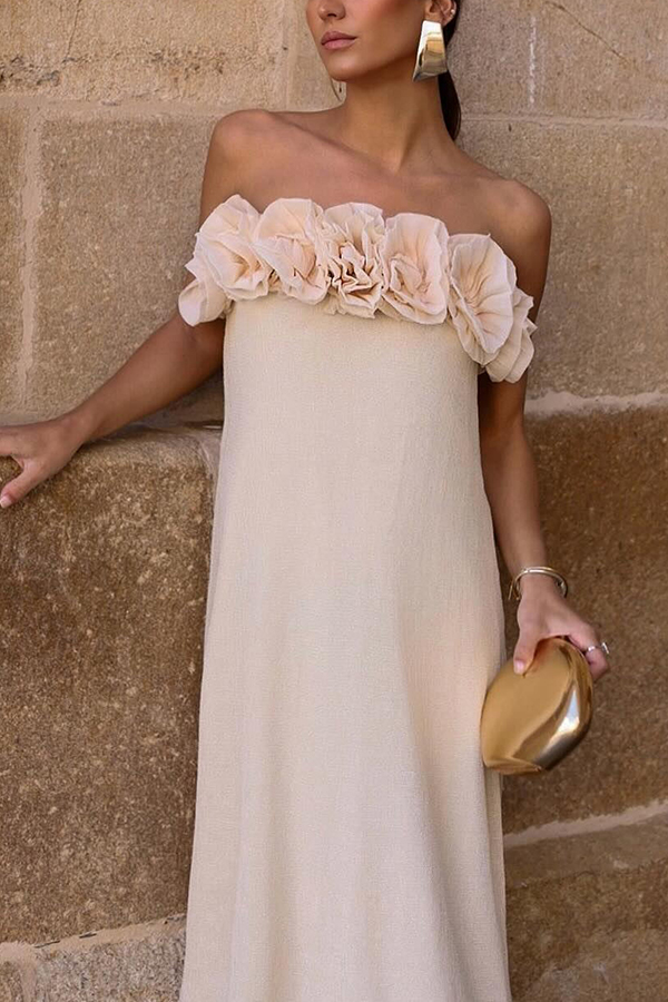 Blooming Chic Flower Applique Elastic Off Shoulder Strapless Maxi Dress-consonak