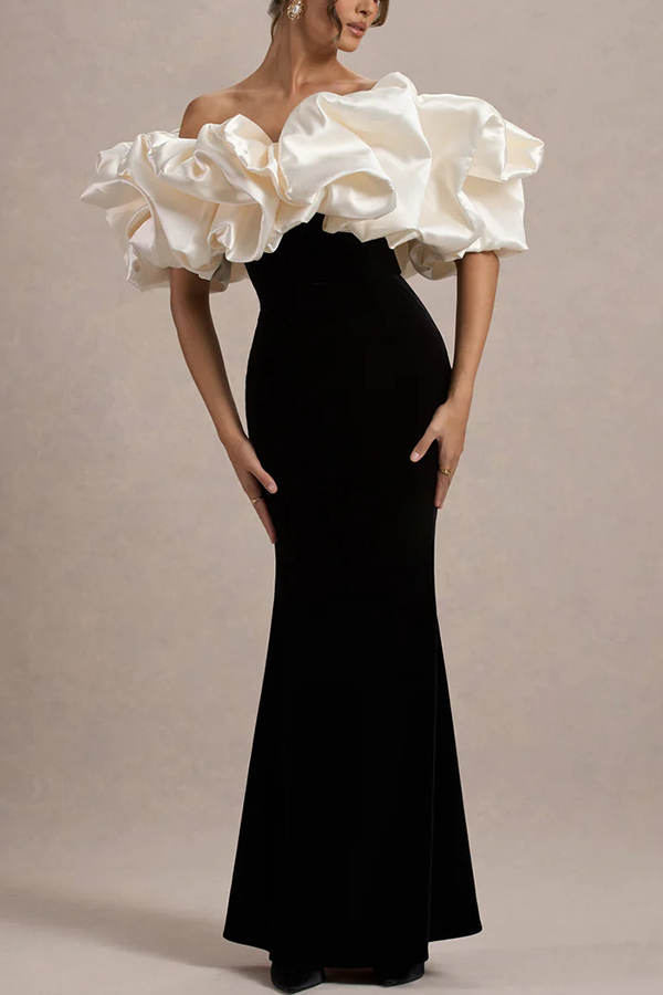 Cecily Velvet Off Shoulder Satin Structured Bardot Neck Stretch Maxi Dress-consonak