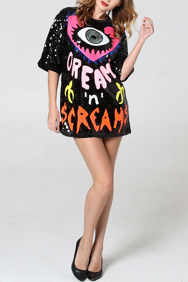 Love Eyes Letters Sequined Round Neck Short Sleeve Mid-Length Loose T-Shirt-consonak