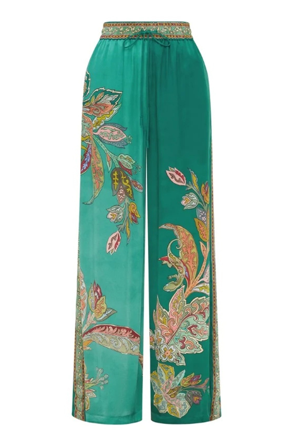 Somewhere Sunny Satin Botanical Print Elastic Waist Pocket Wide Leg Pants-consonak