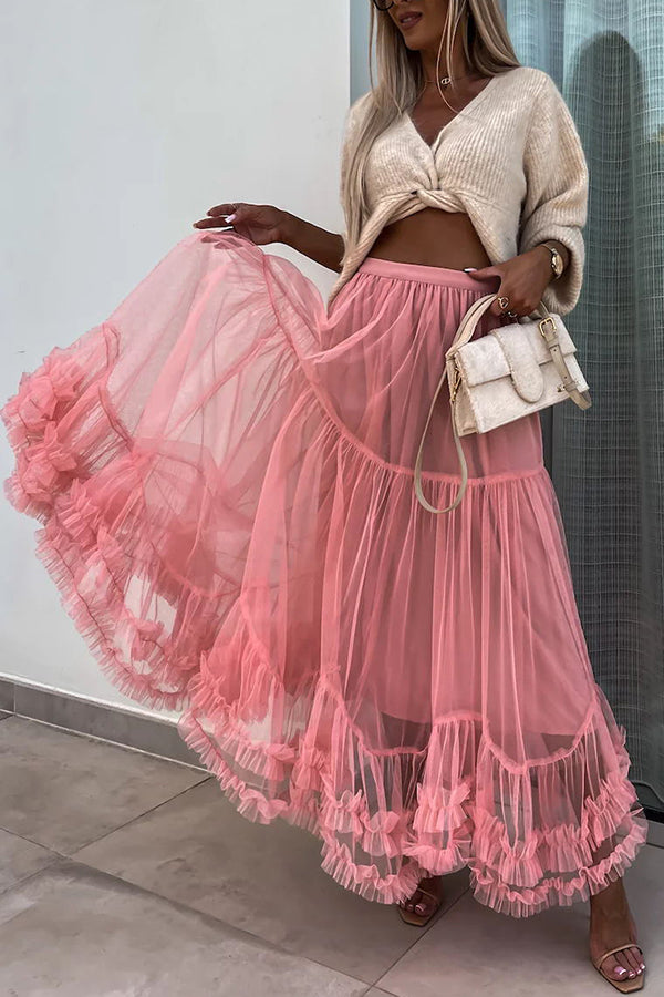 Elegant Tulle Stretch Waist Paneled Pleated Maxi Skirt-consonak