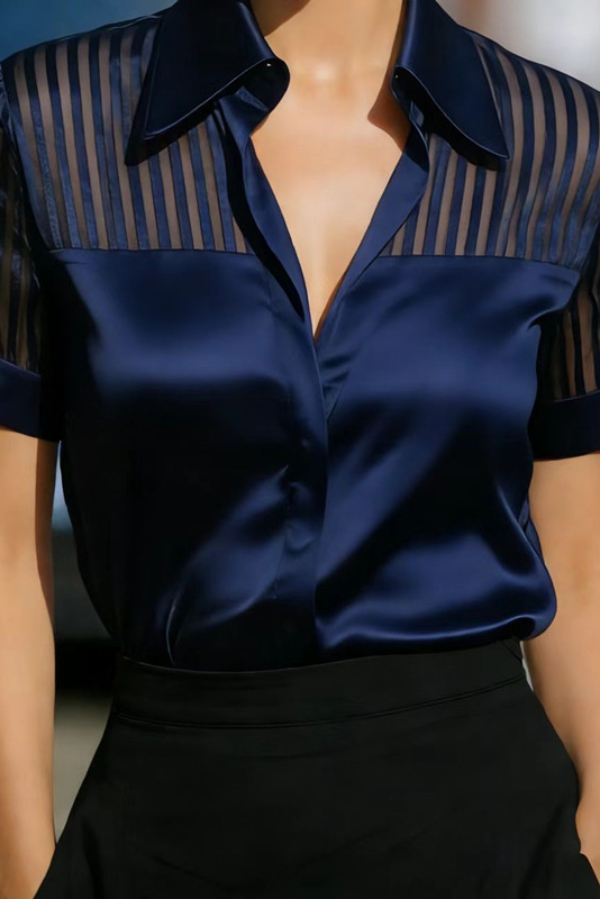Solid Color Satin Sheer Striped Collared Short-sleeved Casual Shirt