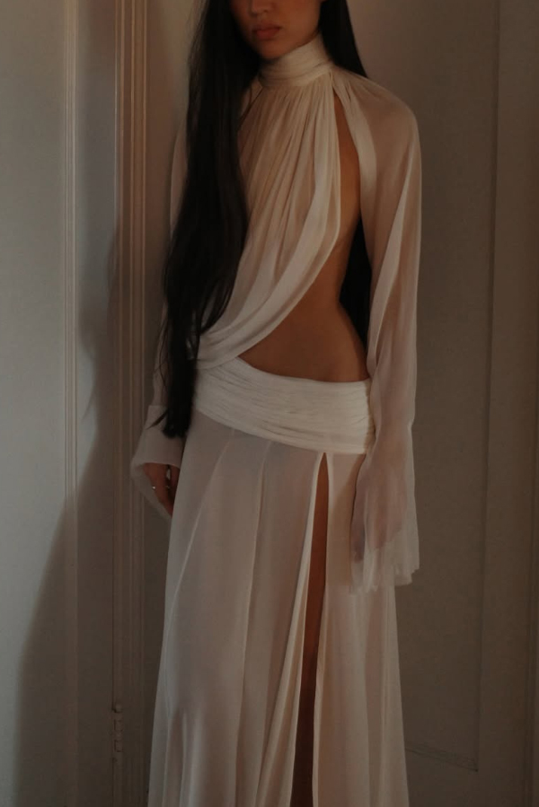 Sexy See-through High-neck Long-sleeved Draped Top and High-waisted Slit Maxi Skirt Vacation Set-Consonak