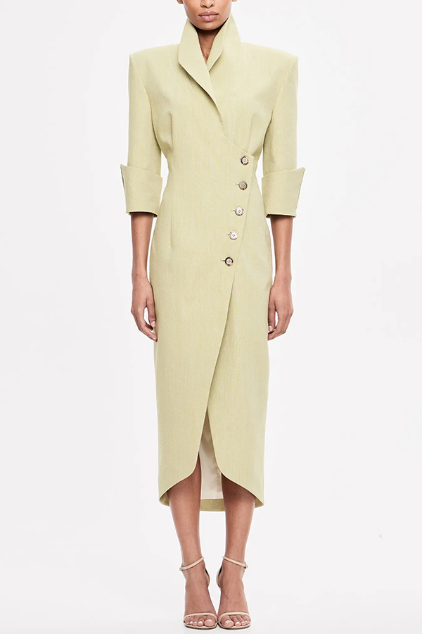 Elegant Look Linen Blend Stand Lapel Neck Half Sleeve Side Button Midi Dress-consonak