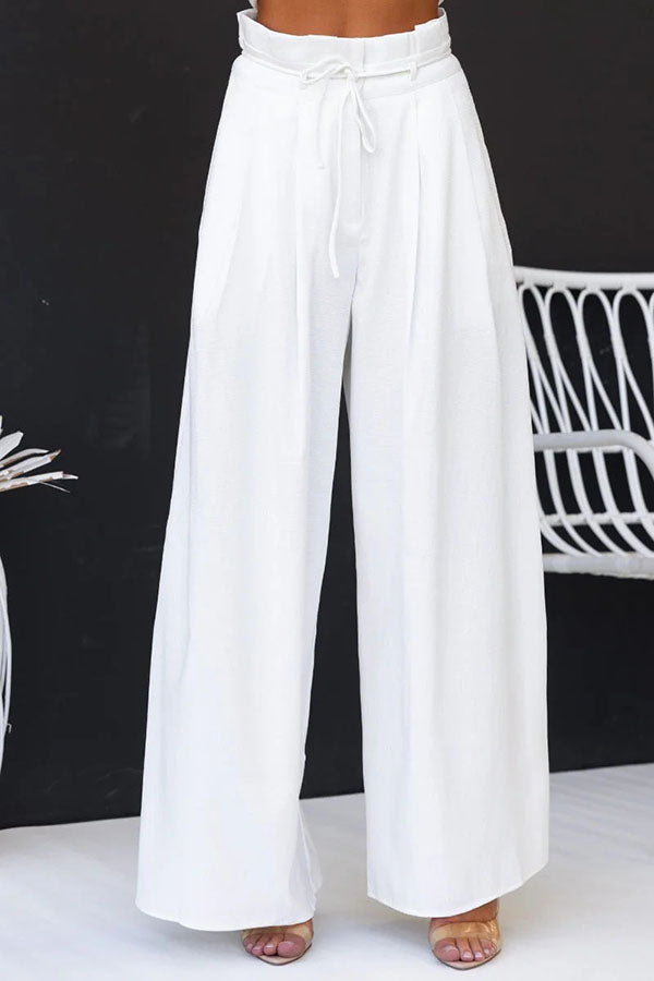 Gette Linen Blend Slit Front Top and High Rise Knoted Pocket Wide Leg Pants Set-consonak
