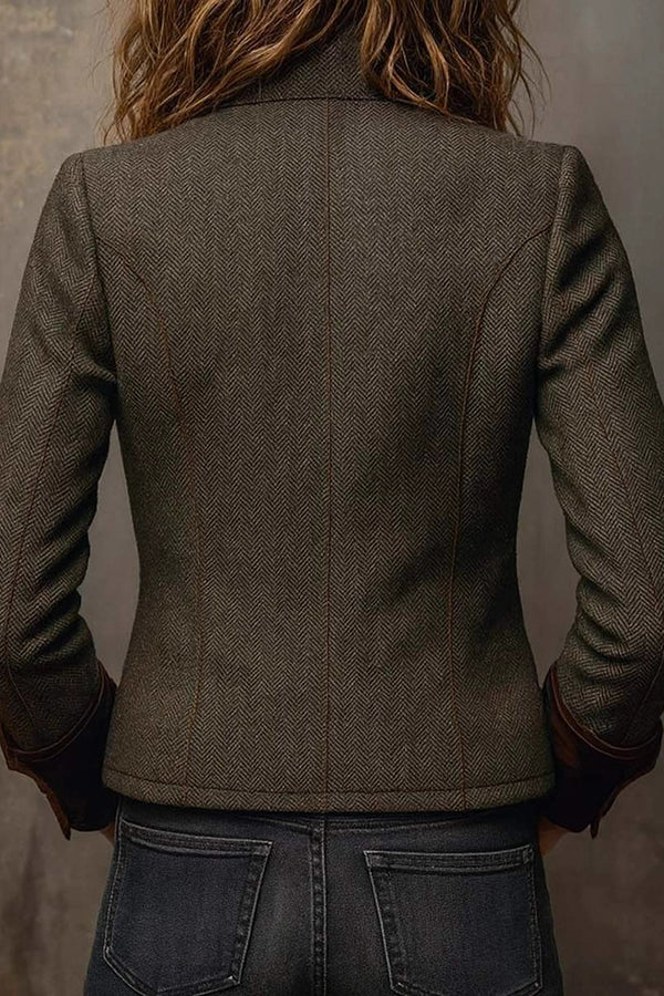 Vintage Herringbone Velvet Trim Casual Long-sleeved Blazer-consonak