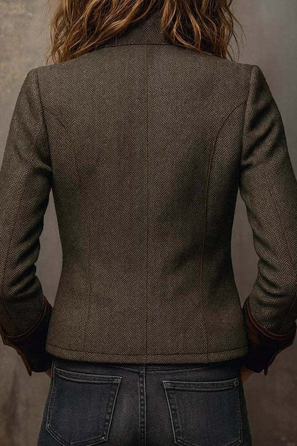 Vintage Herringbone Velvet Trim Casual Long-sleeved Blazer-consonak