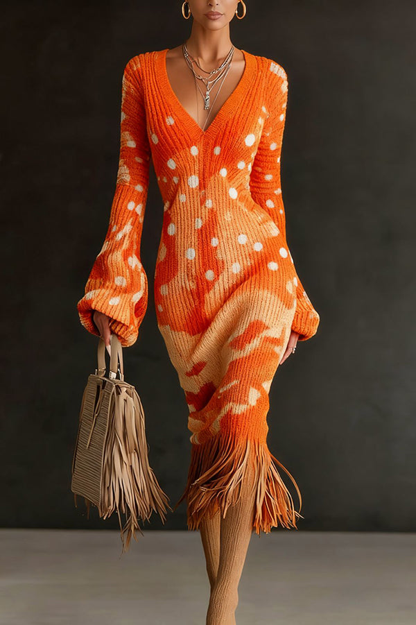 Unique Printed V-neck Long-sleeved Elegant Tassel Hem Midi Dress-consonak