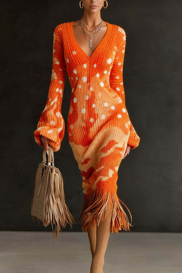 Unique Printed V-neck Long-sleeved Elegant Tassel Hem Midi Dress-consonak