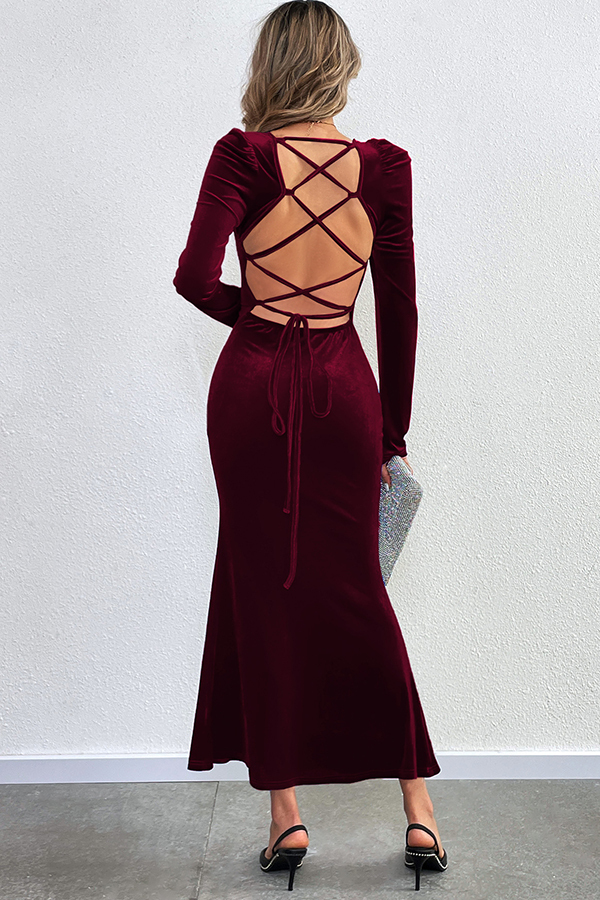 Velvet Long-sleeved Sexy Backless Slim Fit Fishtail Maxi Dress-consonak