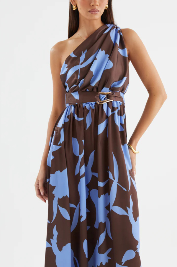 Unique Printed One-Shoulder Belt Casual Holiday Maxi Dress | Consonak