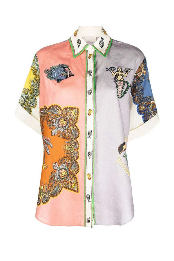 Pretty and Posh Linen Blend Mermaid Print  Button Down Oversized Blouse-consonak