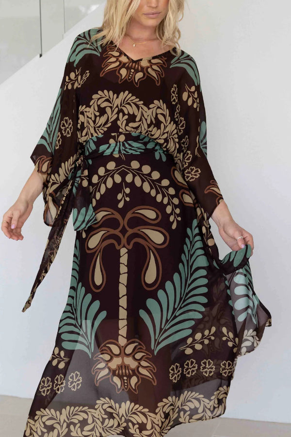 Bohemian Style Unique Printed Chiffon Loose-fitting Belted Maxi Dress